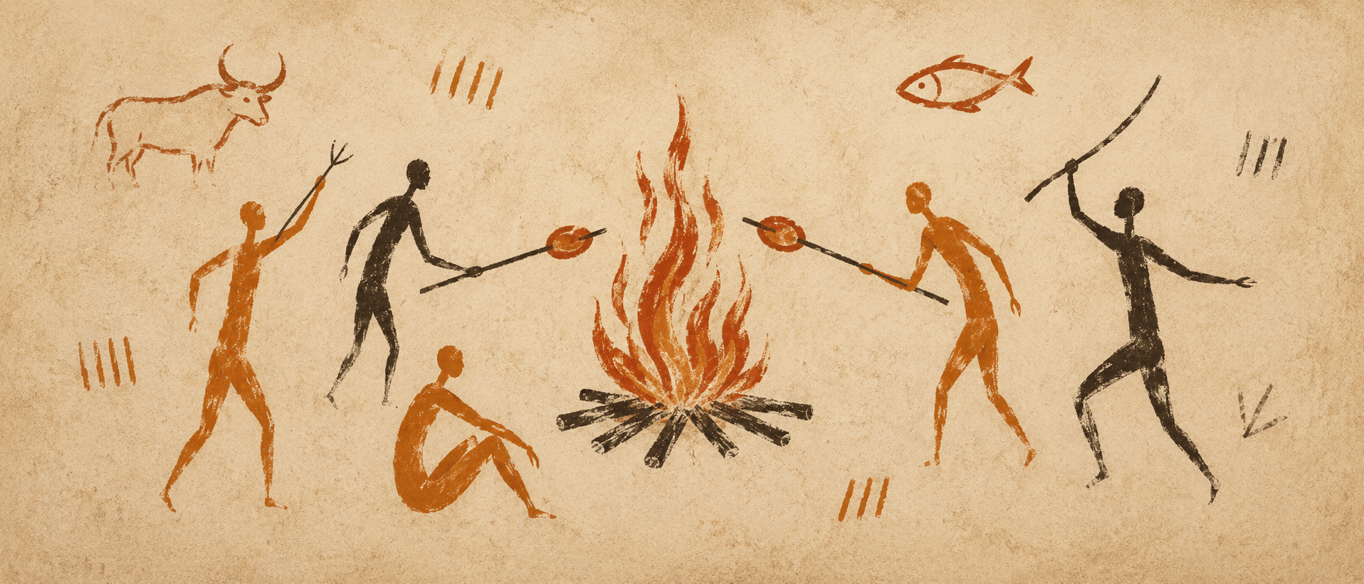 Cave painting style illustration of figures cooking over a shared fire, after the mural in the KM BBQ dining room
