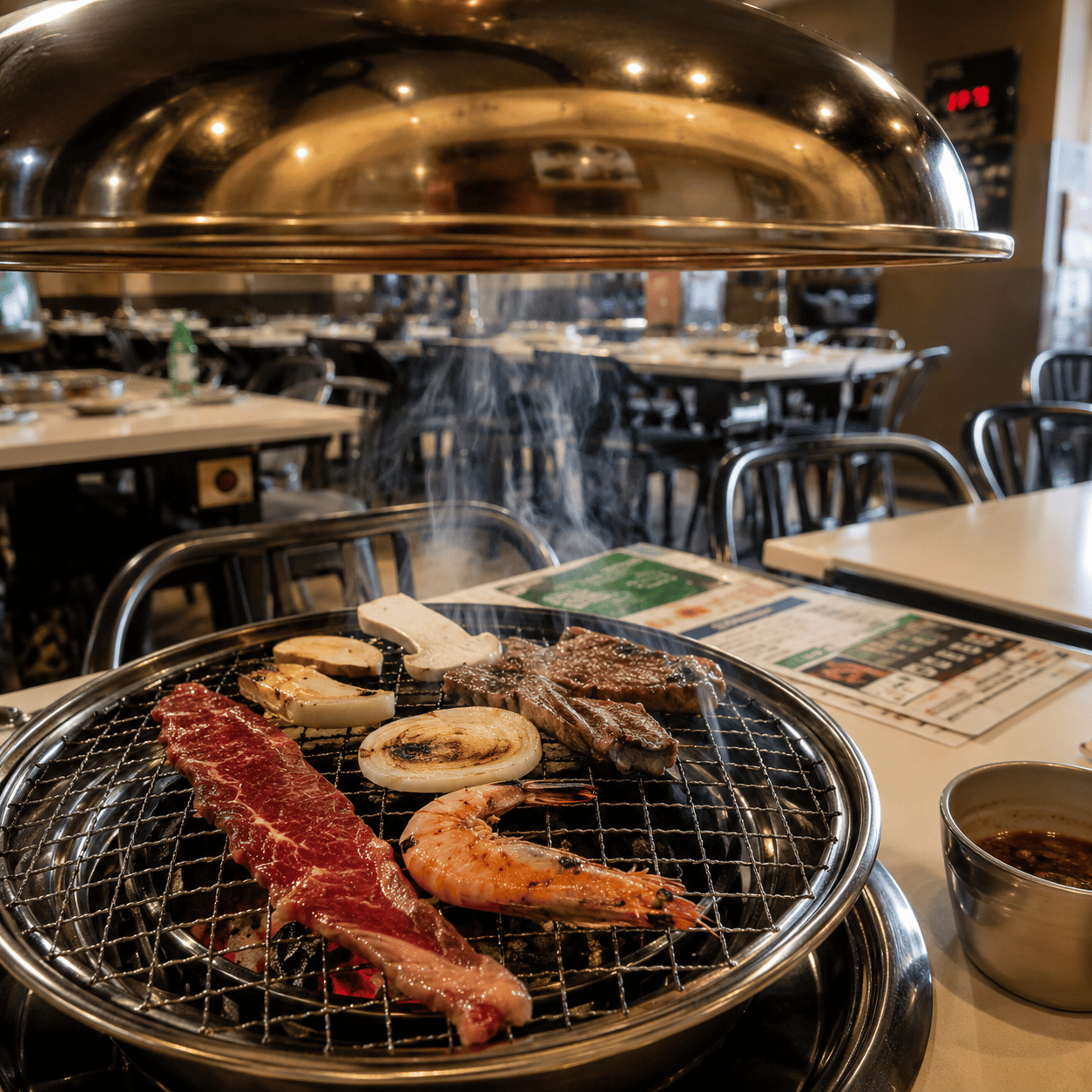 A table grill mid-service at KM.BBQ, with beef, shrimp and mushrooms over the grate