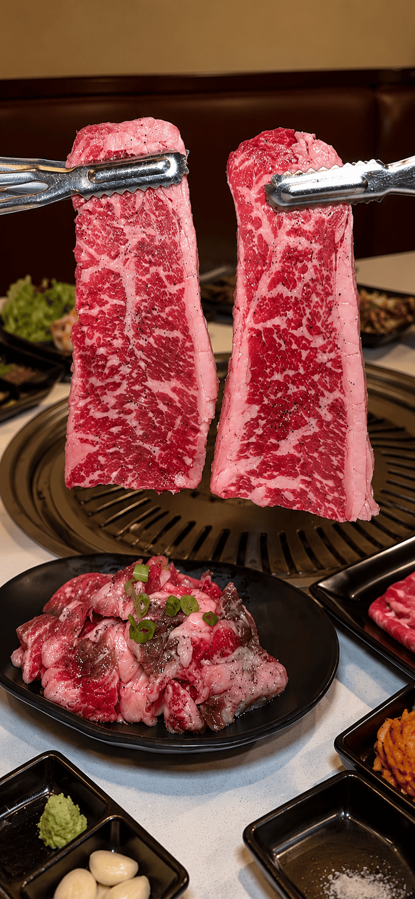 Marbled wagyu held over the grill with tongs