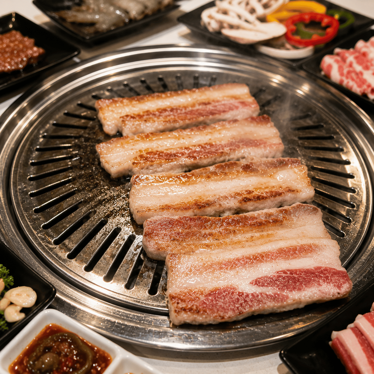 Pork belly grilling over live coals at KM.BBQ